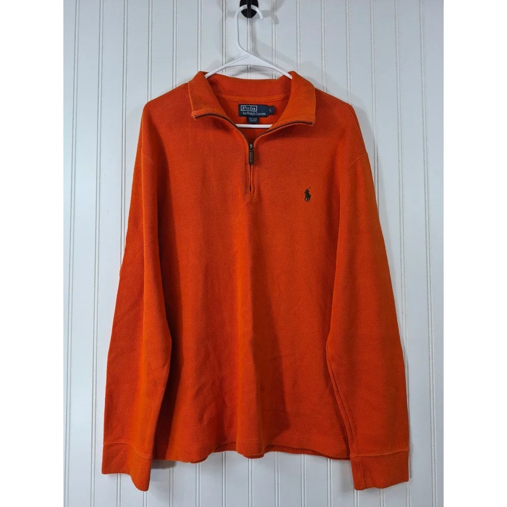 Polo Ralph Lauren Mens Orange 100% Cotton 1/4 Zip Pullover Sweater Large Preppy